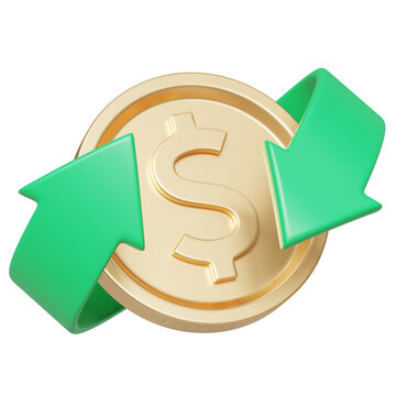 Green arrows cashback icon with a coin with dollar symbol 3d render, Return money, cash back rebate. Financial services, money refund, return on investment, savings account, currency exchange.