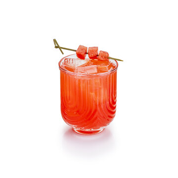 Refreshing Watermelon Tequila Cocktail in Ribbed Rocks Glass with Fruit Skewer