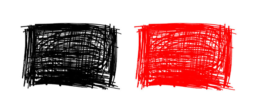 Hand drawn black and red scribble textures pack with marker brush strokes isolated on transparent background.