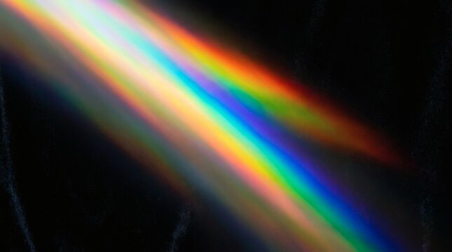 Abstract rainbow light prism spectrum with diagonal color dispersion and refractive banding on a black background