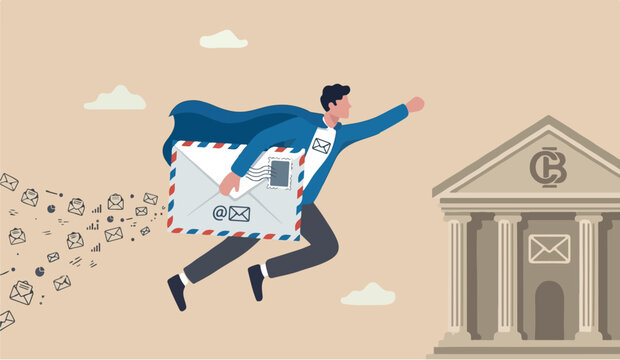 Email to the go of on thismarketing campaign from subscription, sending message or information concept, businessman superhero central bank carrying big email envelope flying to recipient address