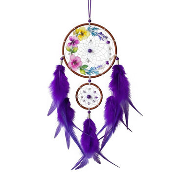 Dreamcatcher with purple feathers and colorful flowers