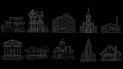 Fototapeta premium Collection of white line art architectural illustrations on a black background, including modern house, Victorian home, office building, church, factory, classical temple, pavilion, castle, skyscraper
