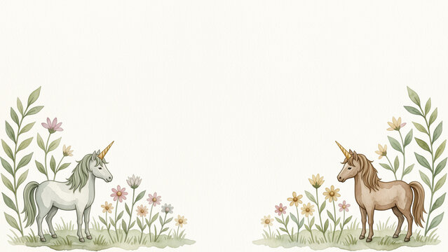 Cute watercolor unicorn border design with two mirrored unicorns, soft flowers, green leaves and large empty copy space on a light paper texture, ideal for nursery prints, invitations, baby shower car