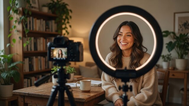 Smiling woman recording video blog with ring light in cozy home setting