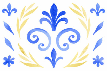 Watercolor floral ornament with blue fleur de lis and yellow leaf accents © Shuvra Majumder