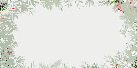 Watercolor pine and berry frame with a light colored background winter botanical illustration © Shuvra Majumder