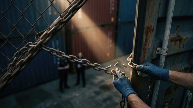 Hands breaking a corroded metal chain, visualizing human trafficking freedom, observing World Day Against Trafficking in Persons, signifying liberation from forced labor or contemporary servitude.