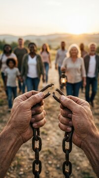 Hands demonstrating broken iron chain, symbolizing liberation from trafficking, World Day Against Trafficking in Persons, ending modern slavery, human exploitation prevention.