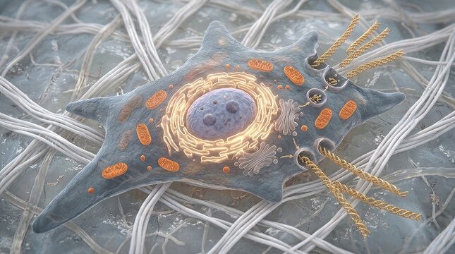 Fibroblast cell active in procollagen synthesis, showing glowing rough endoplasmic reticulum around prominent purple nucleus, secreting golden triple helix coils near orange mitochondria.