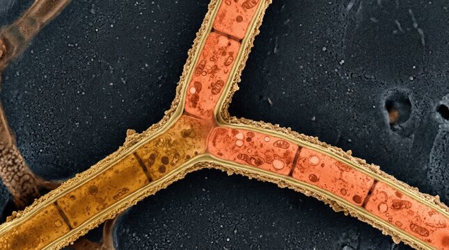Fungal hypha branching into y-shape, showing cellular internal structure within mycelium, detailed microscopic cross-section depicting growing mycelial networks, active cytoplasm with septa.