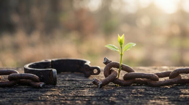 Broken rusty metal chain, open iron shackle on dark wood, young green plant sprout growing through damaged link, demonstrating release from captivity, historical slave slavery liberation.