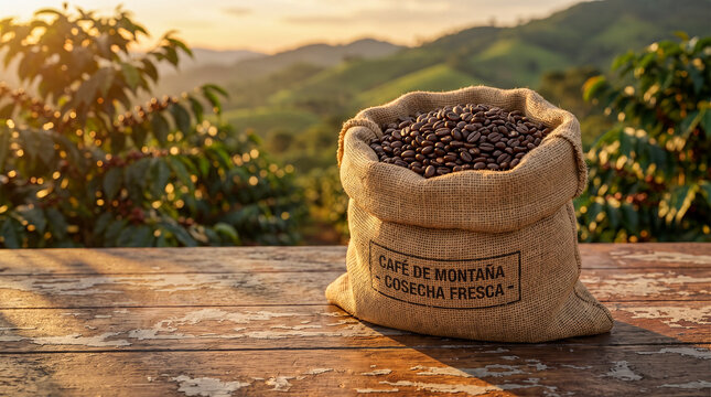Mockup hiperrealista de saco de tela lleno de granos de caf&eacute; reci&eacute;n tostados sobre una mesa r&uacute;stica con luz c&aacute;lida. Fondo desenfocado de plantaci&oacute;n de caf&eacute; y ambiente natural.