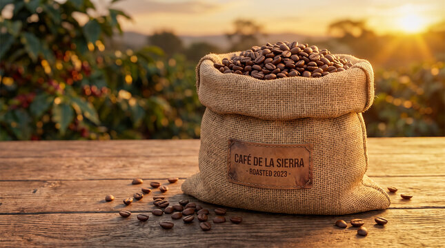 Mockup hiperrealista de saco de tela lleno de granos de caf&eacute; reci&eacute;n tostados sobre una mesa r&uacute;stica con luz c&aacute;lida. Fondo desenfocado de plantaci&oacute;n de caf&eacute; y ambiente natural.