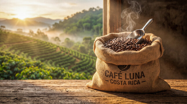 Mockup hiperrealista de saco de tela lleno de granos de caf&eacute; reci&eacute;n tostados sobre una mesa r&uacute;stica con luz c&aacute;lida. Fondo desenfocado de plantaci&oacute;n de caf&eacute; y ambiente natural.