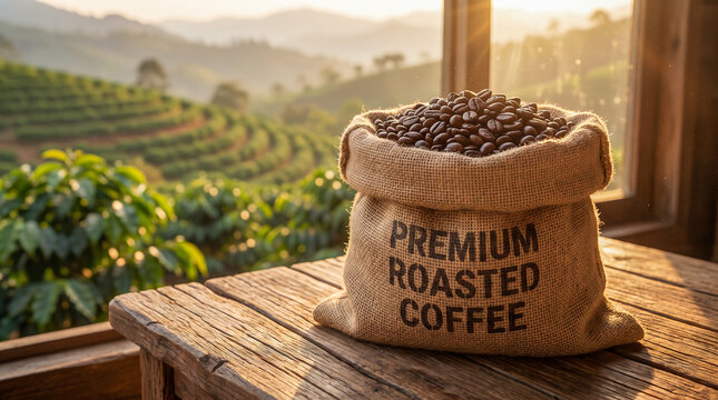 Mockup hiperrealista de saco de tela lleno de granos de caf&eacute; reci&eacute;n tostados sobre una mesa r&uacute;stica con luz c&aacute;lida. Fondo desenfocado de plantaci&oacute;n de caf&eacute; y ambiente natural.