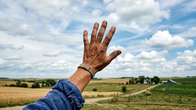 A human arm extending outwards against a backdrop of blue sky and golden fields.