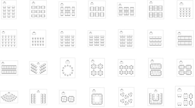 Classroom and conference room layout collection, floor plan, seat plan, blueprint, cad, top view, school, meeting, seminar, workshop, lecture, customizable, vector