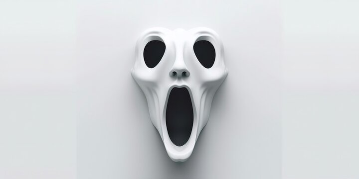 Minimal white horror mask screaming against gray background