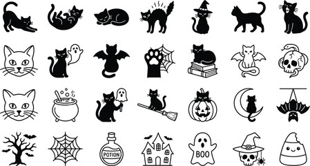 Fototapeta premium Halloween Black Cat Icon Set, Spooky Party Celebration Vector Symbols
