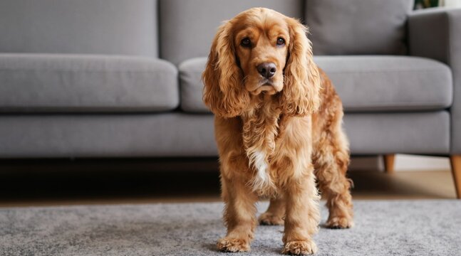 Golden cocker spaniel stands on soft grey carpet inside bright living room. Comfy sofa sits blurred in background. Loyal pet looks directly at camera, displaying sweet expression. Domestic animal