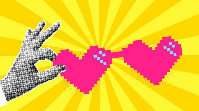 pink pixel heart glasses held by hand, retro halftone summer background, rotating yellow striped motion graphic, pop art magazine style infographic video