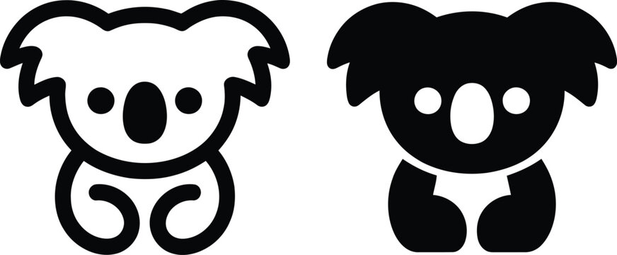 Koala bear head icon set in solid and outlined style with wildlife australia silhouette marsupial minimalist isolated character climbing
