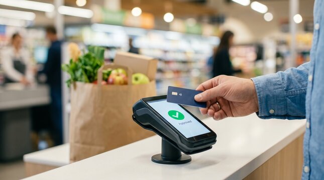 Customer tapping contactless credit card on retail self checkout terminal