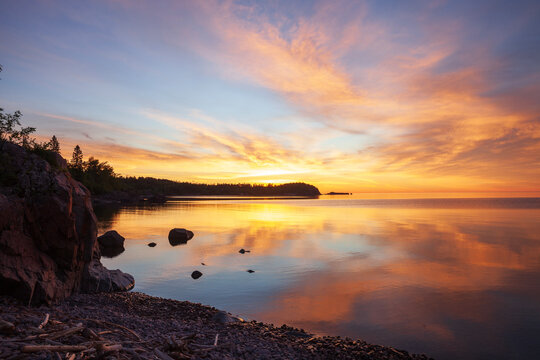 Beautiful sunrise in a bay on Lake Superior near Beaver Bay during summer