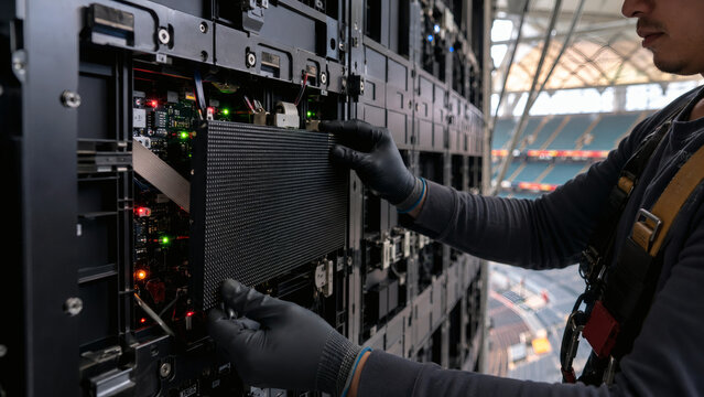Electronics engineer repairing massive LED jumbotron display at stadium