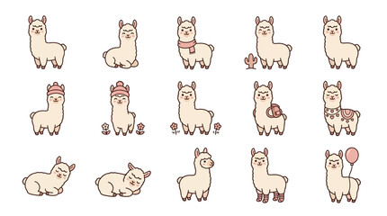 Collection of various hand drawn llama and alpaca icons. © Kesya