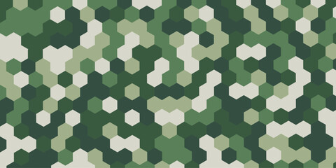 Abstract military camouflage hexagon pattern background seamless geometric green texture, digital tech camo backdrop minimalist polygon mosaic vector illustration design wallpaper. © Abu Bokkor Siddique