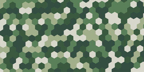Abstract military camouflage hexagon pattern background seamless geometric green texture, digital tech camo backdrop minimalist polygon mosaic vector illustration design wallpaper. © Abu Bokkor Siddique