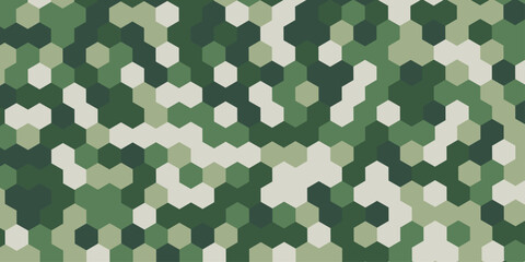 Abstract military camouflage hexagon pattern background seamless geometric green texture, digital tech camo backdrop minimalist polygon mosaic vector illustration design wallpaper. © Abu Bokkor Siddique