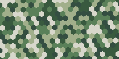 Abstract military camouflage hexagon pattern background seamless geometric green texture, digital tech camo backdrop minimalist polygon mosaic vector illustration design wallpaper. © Abu Bokkor Siddique