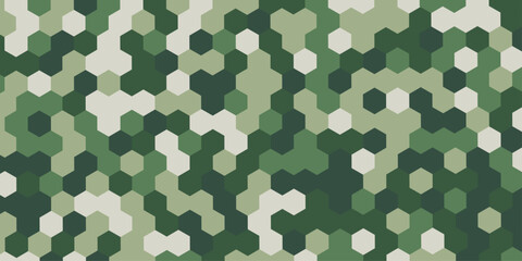 Abstract military camouflage hexagon pattern background seamless geometric green texture, digital tech camo backdrop minimalist polygon mosaic vector illustration design wallpaper. © Abu Bokkor Siddique
