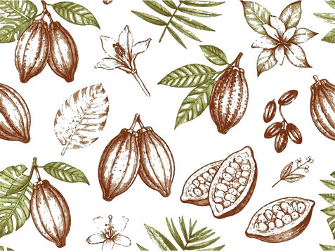 Vintage hand drawn cocoa beans and tropical leaves seamless pattern with chocolate tree botanical engraving vector illustration