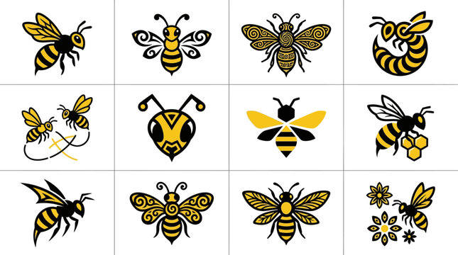 Collection of yellow and black honey bee icons.