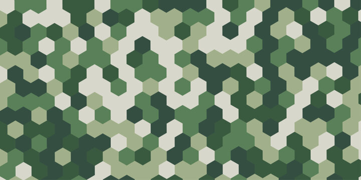 Abstract military camouflage hexagon pattern background seamless geometric green texture, digital tech camo backdrop minimalist polygon mosaic vector illustration design wallpaper.