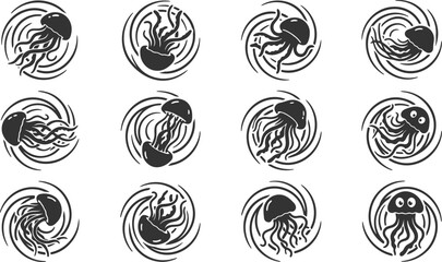 Set of twelve jellyfish vector icons with swirling circular patterns © Vecto_Pixels