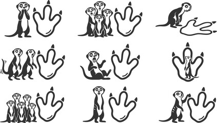 Obraz premium Set of meerkat silhouettes with animal paw prints for wildlife design projects