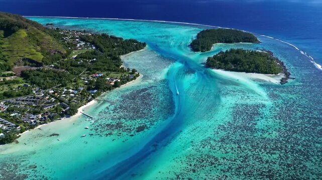 Aerial view of bora bora lagoon and coral reef