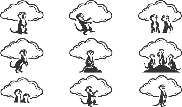 Set of meerkat vector silhouettes with speech bubbles for design projects