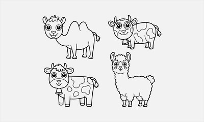 Fototapeta premium Cute camel cow and llama cartoon line art set for kids coloring book isolated vector illustration