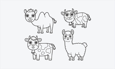 Fototapeta premium Cute camel cow and llama cartoon line art set for kids coloring book isolated vector illustration