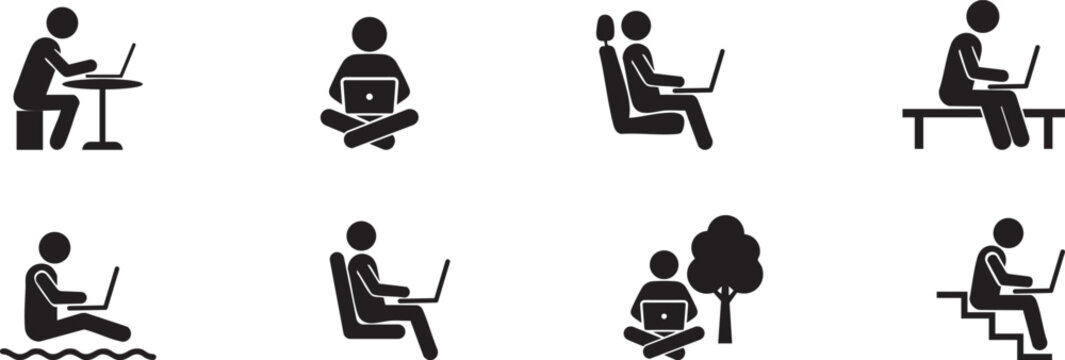 Remote Work Location Stick Figure Icon Set Working Anywhere Laptop Outdoor Indoor Vector Design