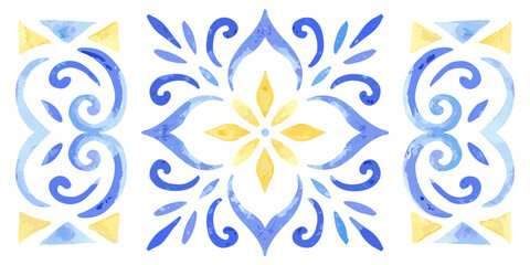 Watercolor azulejo tile pattern with floral ornaments and blue yellow color scheme © Anik