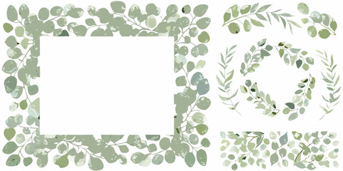 Watercolor eucalyptus leaves form a botanical frame on a white background © Anik