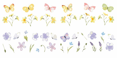 Watercolor Butterfly And Wildflower Pattern With Soft Yellow And Purple Tones © Anik