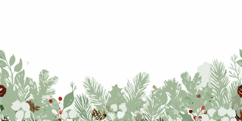 Evergreen branch and berry floral ornament with a muted watercolor style © Anik